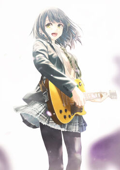 1girl :d black_pantyhose blazer character_request clothes_lift collared_shirt commentary_request cover cover_page electric_guitar feet_out_of_frame floating_hair green_necktie grey_skirt guitar hair_ornament hairclip instrument jacket kurono_mitsuki necktie novel_cover official_art open_clothes open_jacket open_mouth pantyhose plaid_clothes plaid_skirt playing_guitar playing_instrument re:lief_~shin'ai_naru_anata_e~ shirt short_hair skirt skirt_lift smile solo striped_clothes striped_necktie tongue wind wind_lift yellow_eyes