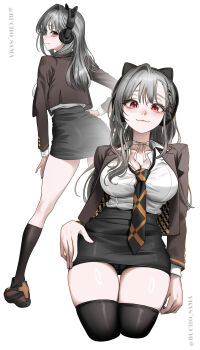 1girl absurdres animal_ear_headphones animal_ears ass back black_panties black_skirt black_socks black_thighhighs blazer breasts brown_jacket bucho_sama cat_ear_headphones cat_ears cleavage commentary_request content_rating fake_animal_ears goddess_of_victory:_nikke grey_hair hair_ornament hand_on_own_hip headphones highres jacket jewelry kneehighs large_breasts looking_at_viewer modernia_(nikke) necklace panties pencil_skirt red_eyes school school_uniform shoes simple_background skirt smile sneakers socks thighhighs underwear white_background