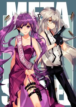 2girls breasts bullet cleavage commentary english_commentary garter_straps gun handgun highres holding holding_gun holding_weapon holster honkai:_star_rail honkai_(series) kafka_(honkai:_star_rail) kishi_(yenfia) long_hair miss_congeniality multiple_girls purple_eyes purple_hair ribbon sash smile stelle_(honkai:_star_rail) suspenders thigh_holster trailblazer_(honkai:_star_rail) twintails very_long_hair weapon white_ribbon