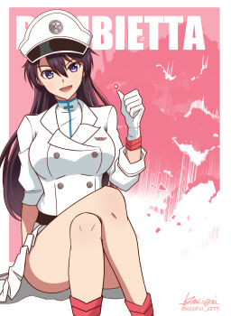 >:) 1girl absurdres artist_name bambietta_basterbine black_hair bleach bleach:_sennen_kessen-hen blue_eyes breasts character_name crossed_legs energy_ball eyelashes gloves hair_between_eyes hat heart high_collar highres ken-pai_(kenpai_arts) large_breasts legs_up long_hair long_legs long_sleeves looking_at_viewer military military_hat military_uniform miniskirt open_mouth peaked_cap pink_background pleated_skirt signature simple_background sitting skirt smile solo teeth thighs thumbs_up upper_teeth_only v-shaped_eyebrows white_gloves white_hat