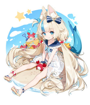 1girl animal_ear_fluff animal_ears blonde_hair blue_eyes blue_hair blue_sailor_collar blush bow breasts bucket cat_ears clothing_cutout crab dress fins fish_girl fish_tail hair_bow highres hong_(white_spider) indie_virtual_youtuber kaniki_(sameko_saba) long_hair looking_at_viewer low_twintails multicolored_hair navel navel_cutout one_side_up open_mouth sailor_collar sameko_saba sand sandals see-through_clothes sitting small_breasts smile solo streaked_hair tail twintails unbottoned variant_set virtual_youtuber white_dress