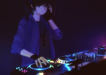 Rule 34 | black gloves, black hair, blue jacket, commission, commissioner upload, dj, gloves, grand theft auto, grand theft auto 2, grey shirt, headphones, headphones around neck, highres, holding, holding headphones, iceroy, jacket, launchpad (controller), looking at viewer, mixing console, nightclub, non-web source, print shirt, purple eyes, shirt, short twintails, t-shirt, teriyaki-chan (grand theft auto 2), twintails, vinyl record, yakuza (grand theft auto 2)