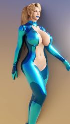 1girl 3d adapted_costume animated blonde_hair blue_bodysuit blue_lips bodysuit bouncing_breasts breasts cleavage cleavage_cutout clothing_cutout crotch_cutout functionally_nude guidugalle highres huge_breasts large_breasts metroid nintendo pussy revealing_clothes sagging_breasts samus_aran solo video walk_cycle walking