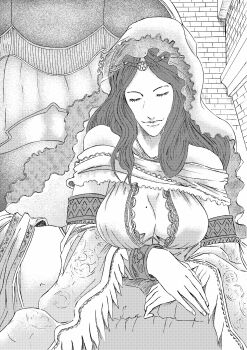 1girl 913kousatu absurdres breasts brick_wall cleavage closed_eyes commentary_request dark_souls_(series) dark_souls_i greyscale highres large_breasts long_hair lying mole mole_on_breast monochrome navel on_side queen_of_sunlight_gwynevere solo upper_body veil wide_sleeves