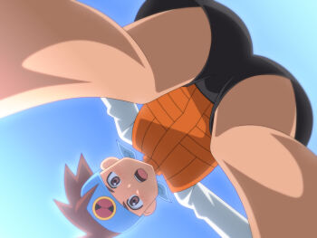 :o artist_request ass ass_focus bandana bare_legs bent_over blush brown_hair capcom jacket lan_hikari_(mega_man) leg_focus legs looking_down male_focus mega_man_(series) mega_man_battle_network mega_man_battle_network_(series) bad_tag shorts shota solo