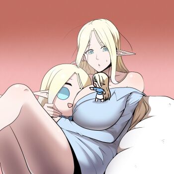 2girls alternate_costume between_breasts blonde_hair blue_eyes breasts cerestia_of_life character_doll chibi cleavage clooliss collared_shirt commentary_request doll elf gradient_background highres huge_breasts korean_commentary large_breasts last_origin long_hair lying mini_person minigirl multiple_girls on_back parted_bangs pointing pointy_ears shirt sweatdrop triangle_mouth very_long_hair