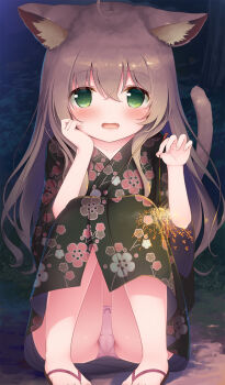 1girl ahoge animal_ear_fluff animal_ears ass black_kimono blush bow bow_panties brown_hair cameltoe cat_ears commission fang feet fireworks floral_print green_eyes hand_on_own_cheek hand_on_own_face highres japanese_clothes kimono legs loli long_hair night open_mouth original outdoors panties pantyshot pixiv_commission print_kimono psyche3313 sandals solo sparkler squatting thighs toes underwear white_panties yukata