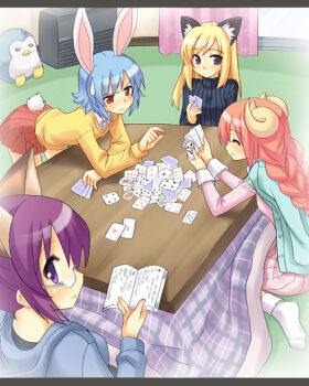 10s 4girls animal_ears bird blonde_hair blue_hair blush book braid bunny_(trickster) card cat_(trickster) cat_ears cat_tail closed_eyes fox_(trickster) fox_ears glasses holding holding_card horns long_hair looking_back multiple_girls pajamas penguin pink_hair purple_eyes purple_hair rabbit_ears rabbit_tail red_eyes sheep_(trickster) sheep_ears short_hair skirt sweater tail trickster_(ntreev_soft) twin_braids