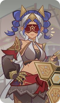 Rule 34 | 1girl, bad source, black gloves, black tube top, blindfold, blue hair, claw ring, colored blindfold, covered eyes, dark-skinned female, dark skin, genshin impact, gloves, grey headband, hand on own hip, headband, jeht (genshin impact), looking at viewer, official art, partially fingerless gloves, scar, scar on stomach, solo, strapless, tube top, twintails