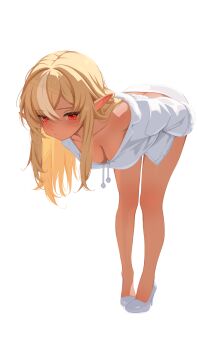 1girl alternate_costume bent_over blonde_hair breasts butt_crack cleavage commentary dark-skinned_female dark_elf dark_skin elf high_heels highres hololive large_breasts long_hair looking_at_viewer panties pointy_ears red_eyes sansha_art shiranui_flare simple_background solo underwear virtual_youtuber white_background white_panties