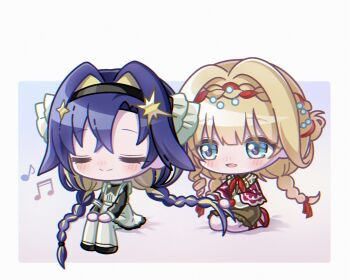 2girls :d apron beamed_sixteenth_notes black_dress black_hairband blonde_hair blue_eyes blue_hair border braid braided_bangs brown_dress chromatic_aberration cloak closed_eyes closed_mouth colored_inner_hair commentary dress eighth_note gradient_background hair_ornament hairband hands_on_own_knees highres holding_another's_hair kiperina long_braid low_twin_braids multicolored_hair multiple_girls musical_note open_mouth outside_border pantyhose pink_background purple_background red_cloak reverse:1999 school_uniform seiza sitting smile soviet_school_uniform star_(symbol) star_hair_ornament symbol-only_commentary twin_braids tying_another's_hair voyager_(reverse:1999) white_apron white_border white_pantyhose yeoryeong_030