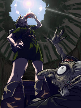 1boy 1girl absurdres belt blonde_hair boots bottle drinking earrings forehead_jewel forest from_below grey_hair gus_uur hand_on_own_hip hat highres jewelry koume_(zelda) link nature nintendo open_mouth outstretched_hand pointy_ears potion shield shield_on_back sun sweatdrop the_legend_of_zelda the_legend_of_zelda:_majora's_mask tunic watermark wide-eyed