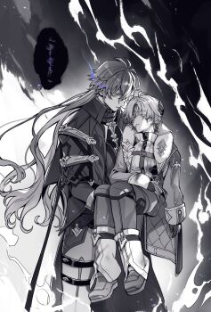 2boys ahoge beko_beko1223 blood carrying closed_eyes closed_mouth crossed_bangs flins_(genshin_impact) genshin_impact gloves greyscale hashtag-only_commentary highres illuga_(genshin_impact) long_sleeves looking_at_viewer male_focus monochrome multiple_boys teeth walking yellow_eyes