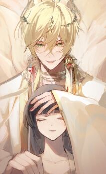 1boy :d alkaid_mcgrath alkaid_mcgrath_(myths_wonders) animal_ears ashan577 black_hair blonde_hair blunt_bangs chinese_clothes chinese_commentary circlet closed_eyes closed_mouth coat collarbone commentary_request crossed_bangs earrings facing_viewer fox_boy fox_ears fox_tail gold_choker gold_earrings green_eyes hair_between_eyes hand_on_another&#039;s_forehead hand_on_another&#039;s_shoulder hanfu height_difference heroine_(lovebrush_chronicles) highres implied_extra_ears jewelry long_hair long_sleeves looking_at_viewer lovebrush_chronicles medium_hair multiple_tails nail_polish open_mouth parted_lips portrait red_nails red_ribbon ribbon ribbon_earrings smile straight-on tail upper_body white_coat white_hanfu wide_sleeves