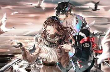 1boy 1girl :d armband ayn_alwyn ayn_alwyn_(corridor_of_fate) beret bib_collar bird black_gloves black_hair black_hat black_jacket black_pants black_scarf blue_headband blue_jacket blunt_bangs braid brown_dress brown_eyes brown_hair chinese_commentary commentary_request cowboy_shot cross-laced_clothes cross-laced_sleeves dress dusk feathers flower gloves hair_between_eyes hand_on_railing hat hat_flower headband heroine_(lovebrush_chronicles) highres holding_hands houndstooth jacket lifebuoy light_particles long_hair long_sleeves looking_ahead looking_up lovebrush_chronicles ocean open_clothes open_hand open_jacket open_mouth outdoors pants parted_lips purple_jacket red_armband red_eyes scarf short_hair side_braid smile standing sweater swim_ring turtleneck turtleneck_dress turtleneck_sweater two-sided_fabric two-sided_jacket wangulongdong white_feathers white_sweater zipper_pull_tab