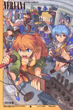 1boy 4girls amplifier ayanami_rei barcode bass_guitar beer_can blue_eyes blue_hair blue_shoes brown_hair can checkered_clothes checkered_shirt dress drink_can drum drum_set edwin_huang electric_guitar eva_01 fender_musical_instruments_corporation fender_telecaster garage glasses green_jacket guitar guitar_strap hair_between_eyes hair_ornament holding holding_bass_guitar holding_guitar holding_instrument holding_microphone_stand ikari_shinji instrument jacket katsuragi_misato long_hair looking_at_viewer makinami_mari_illustrious microphone microphone_stand multiple_girls music neon_genesis_evangelion nirvana_(band) open_mouth orange_hair penpen playing_guitar playing_instrument rebuild_of_evangelion red-framed_eyewear red_eyes rickenbacker rickenbacker_4001 school_uniform shirt shoes short_hair skirt souryuu_asuka_langley standing taped_note turtleneck twintails white_shirt yellow_dress