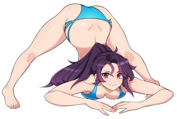 1girl all_fours ass barefoot bikini blue_bikini breasts closed_mouth commentary commission english_commentary full_body highres jack-o&#039;_challenge large_breasts long_hair looking_at_viewer oninuer original purple_hair red_eyes simple_background smile solo swimsuit toes top-down_bottom-up white_background