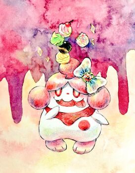 Rule 34 | blue bow, bow, cherry, colored pencil (medium), fangs, food, fruit, full body, gen 6 pokemon, nintendo, no humans, non (kumakawayusu), open mouth, painting (medium), poke puff, pokemon, pokemon (creature), red eyes, slurpuff, solo, sparkle, standing, tongue, tongue out, traditional media, watercolor (medium)