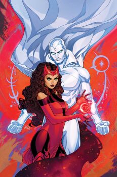 1boy 1girl avengers_(series) bald bodysuit breasts brown_hair cape clenched_hand comic_cover commentary covered_abs cowboy_shot curly_hair dress english_commentary floating_cape gloves glowing glowing_eyes gradient_hair green_eyes highres husband_and_wife jewelry long_hair looking_at_viewer magic marvel medium_breasts multicolored_hair muscular muscular_male no_pupils official_alternate_costume official_art red_background red_dress red_hair red_lips ring russell_dauterman scarlet_witch superhero_costume very_long_hair vision_(marvel) wanda_maximoff western_comics_(style) white_bodysuit white_cape white_vision