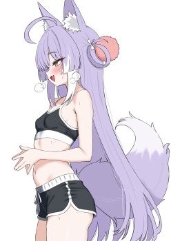 1girl absurdres ahoge animal_ears black_shorts blush breasts crop_top dolphin_shorts fang fox_ears fox_girl fox_tail hair_ornament hair_rings highres long_hair midriff navel oldsickkim open_mouth pom_pom_(clothes) pom_pom_hair_ornament profile purple_hair purple_tail short_shorts shorts simple_background small_breasts solo sports_bra stellive tail tenko_shibuki two-tone_tail very_long_hair virtual_youtuber white_trim yellow_eyes