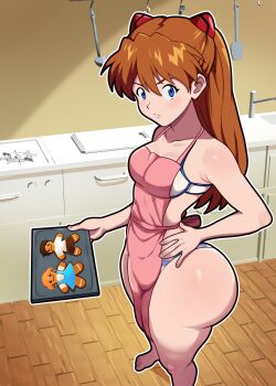 1girl :/ absurdres apron ass barefoot blue_eyes blue_panties blush bra breasts brown_hair cleavage cookie curvy feet food freshnsfw gingerbread_cookie hand_on_own_hip hetero highres huge_ass ikari_shinji indoors kitchen large_breasts legs_apart long_hair looking_at_viewer micro_panties neon_genesis_evangelion panties pink_apron shiny_skin skindentation solo source_request souryuu_asuka_langley striped_clothes striped_panties thick_thighs thighs thong tsundere twintails underwear underwear_only white_bra white_panties wide_hips