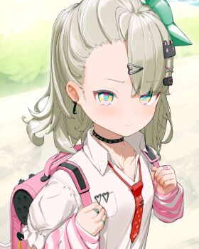 Rule 34 | 1girl, arm warmers, bag, black choker, blush, choker, collarbone, commentary request, earrings, green eyes, green hair, hair ornament, hairclip, hairpin, heart, highres, jewelry, looking at viewer, moemaru, multiple hairclips, musical note earrings, necktie, pink bag, red necktie, shirt, solo, striped arm warmers, sunna (zenless zone zero), upper body, white shirt, zenless zone zero