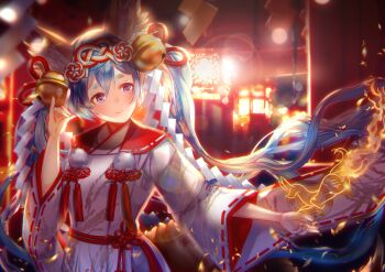 1girl animal_ears bell blue_eyes blue_hair commentary_request ekm fox_ears fox_shadow_puppet hatsune_miku japanese_clothes jingle_bell kemonomimi_mode kimono lens_flare long_hair looking_at_viewer night shrine smile solo tassel thick_eyebrows torii twintails very_long_hair vocaloid white_kimono wide_sleeves