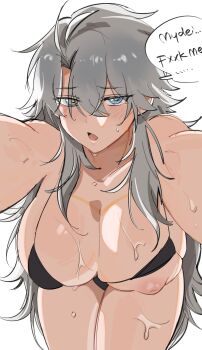 1girl antenna_hair bikini black_bikini blue_eyes blush breasts commentary dogma_pyro english_commentary english_text genderswap genderswap_(mtf) hair_between_eyes hashtag-only_commentary highres honkai:_star_rail honkai_(series) huge_breasts long_hair nipple_slip nipples parted_lips phainon_(honkai:_star_rail) pov solo_focus sweat swimsuit thighs very_long_hair water_drop white_background white_hair