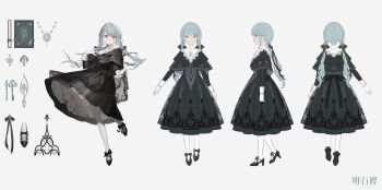 absurdres anchovy_yaro back_bow black_bow black_dress black_shoes blue_hair book bow braid buttons capelet dress footwear_bow frilled_capelet frilled_dress frills gloves gothic_lolita hair_bow high_collar highres jewelry key lace_trim lolita_fashion long_skirt long_sleeves original pantyhose pendant purple_eyes reference_sheet shoes skirt sleeve_cuffs swept_bangs twin_braids virtual_youtuber white_gloves white_pantyhose