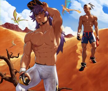 Rule 34 | 2boys, abs, adjusting clothes, adjusting headwear, arm up, armpits, bara, baseball cap, beard, black hair, charizard, commentary, dark-skinned male, dark skin, desert, dynamax band, earrings, english commentary, facial hair, flygon, fox bravo, gen 1 pokemon, gen 3 pokemon, gen 5 pokemon, gloves, hat, highres, holding, holding poke ball, jewelry, krokorok, leggings, leon (pokemon), long hair, male focus, multiple boys, muscular, muscular male, navel, navel hair, nintendo, nipples, outdoors, paid reward available, pectorals, poke ball, pokemon, pokemon (creature), pokemon swsh, purple hair, raihan (pokemon), shorts, single glove, sky, sweat, topless male, ultra ball, undercut, white leggings, yellow eyes