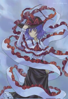 Rule 34 | 1girl, aeginflash, artist name, ascot, black hat, black skirt, blue hair, bow, commentary request, dated, frilled ribbon, frills, hand up, hat, hat bow, highres, long skirt, medium hair, nagae iku, red ascot, red bow, ribbon, shirt, skirt, solo, standing, touhou, white shirt