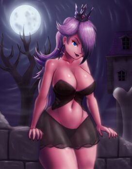 Rule 34 | 1girl, alternate costume, black dress, black panties, blocks, breasts, casual, crown, curvy, dark sky, dress, female focus, garter belt, garter straps, goth fashion, hair over one eye, holding, large breasts, long hair, looking at viewer, mario (series), moon, moonlight, night, nintendo, outdoors, panties, purple hair, purple lips, rosalina, saf-404, saf404, solo, standing, super mario galaxy, thick thighs, thighs, underwear