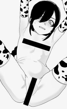 1girl ana_(hztt3752) animal_print armpits bar_censor censored chainsaw_man cow_girl cow_print cow_print_gloves cow_print_thighhighs elbow_gloves flat_chest from_below gloves greyscale highres loli long_hair monochrome navel nayuta_(chainsaw_man) print_gloves print_thighhighs ringed_eyes solo sweatdrop thighhighs