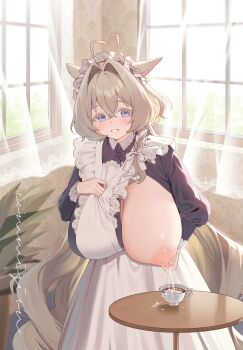 1girl absurdly_long_hair absurdres ahoge animal_ears apron backlighting blue_eyes blush bow braid breasts crossed_bangs cup dress frilled_apron frills grabbing_own_breast grey_hair hair_between_eyes hair_bow hair_intakes hair_ribbon highres huge_breasts indoors lactating_into_container lactation large_areolae long_hair looking_at_viewer maid maid_headdress mole mole_under_mouth nipple_stimulation nipple_tweak nipples no_bra one_breast_out original parted_lips puffy_sleeves ribbon seoki_(hi3031) shiny_skin signature smile solo standing table teacup very_long_hair