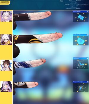 4futa absurdres artist_name cecilia_schariac character_name chart erection futanari highres honkai_(series) honkai_impact_3rd huge_penis kallen_kaslana kushishekku large_penis li_sushang multiple_futa penis penis_chart penis_comparison penis_size_comparison penis_size_difference size_comparison statistics testicles theresa_apocalypse uncensored veins veiny_penis