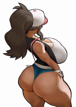 1girl absurdres ass baseball_cap black_vest breasts commentary cutoffs denim denim_shorts exposed_pocket hat high_ponytail highres hilda_(pokemon) huge_ass huge_breasts large_breasts nintendo open_clothes open_vest pokemon pokemon_black_and_white ponytail shorts spiralnoww1 thick_thighs thighs vest wristband