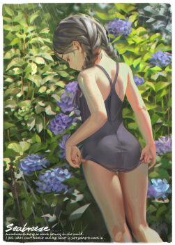 1girl absurdres alphonse_(white_datura) ass black_hair braid dated english_text female_focus flower from_behind highres hydrangea loli long_hair covered_erect_nipples one-piece_swimsuit original outdoors solo standing swimsuit twin_braids wet
