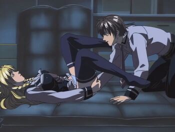 00s 1boy 1girl 2001 animated animated_gif ass bible_black bible_black_night_of_the_walpulgiss black_thighhighs blonde_hair blush bow bowtie breasts drill_hair drill_sidelocks green_eyes gym_mattress hetero large_breasts legs_apart long_hair lying minase_taki necktie panties red_necktie school school_uniform shiraki_rika shirt short_hair sidelocks solo storage_room suspenders tagme thighhighs underwear wet wet_clothes wet_panties white_panties white_shirt