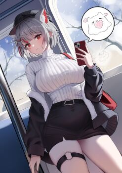 1girl absurdres animal_ear_fluff animal_ears bag black_jacket black_skirt blush breasts cat_ears cat_girl cellphone closed_mouth dutch_angle eengchi extra_ears grey_hair handbag hashtag-only_commentary hat highres holding holding_phone indoors jacket large_breasts maro_(neneko_mashiro) miniskirt multicolored_hair neneko_mashiro off_shoulder peaked_cap phone red_eyes red_streaks ribbed_sweater skirt smartphone speech_bubble stellive streaked_hair sweater sweater_tucked_in thigh_strap virtual_youtuber white_sweater window