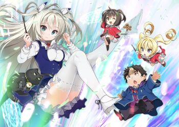 Rule 34 | 1boy, 3girls, alicia vladia sarkista, aqua eyes, art ange, black cat, blue vest, breasts, buta koushaku, buttons, cat, character request, charlotte lily hughjack, chibi, chibi inset, closed mouth, double-breasted, floating, frilled sleeves, frills, holding, holding wand, lace, lace-trimmed legwear, lace trim, legs, legs up, long hair, long sleeves, looking at viewer, medium breasts, miniskirt, multiple girls, nauribon, official art, petticoat, plaid clothes, plaid skirt, purple skirt, silver hair, skirt, smile, thighhighs, tina (buta koushaku), two side up, upskirt, vest, wand, white footwear, white legwear, white neckwear