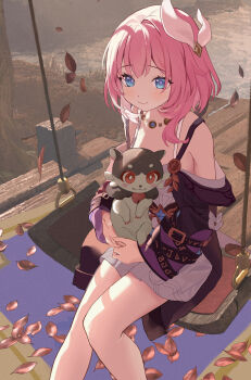 1girl absurdres animal bare_shoulders blue_eyes breasts chimera_(honkai:_star_rail) coat commentary_request cyrene_(philia093)_(honkai:_star_rail) cyrene_(honkai:_star_rail) dress falling_leaves hair_ornament highres holding holding_animal honkai:_star_rail honkai_(series) jewelry leaf necklace on_swing outdoors pink_hair purple_coat senbonsang short_hair small_breasts solo swing thighs white_dress white_hair