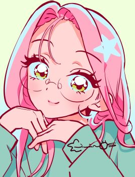 1girl absurdres alien_stage bilingual_commentary closed_mouth commentary english_commentary glasses highres korean_commentary long_hair mixed-language_commentary mizi_(alien_stage) official_art pink_hair second-party_source signature smile solo vivinos yellow_background yellow_eyes