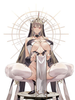 1girl absurdres bare_shoulders blush breasts cleavage crown dress halo highres hiiragi_yuuichi large_breasts light_brown_hair long_hair looking_at_viewer original parted_lips pelvic_curtain red_eyes solo spread_legs squatting thighhighs very_long_hair white_background