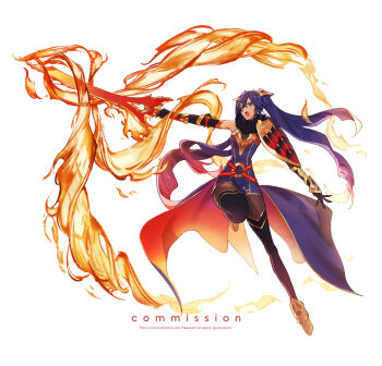 1girl alternate_costume alternate_hairstyle arm_shield armor black_boots black_gloves black_pantyhose blue_eyes blue_hair blue_tunic boots breasts commentary commission cosplay fire fire_emblem fire_emblem_awakening fire_emblem_heroes flaming_sword flaming_weapon gloves hair_between_eyes hair_ornament highres holding holding_sword holding_weapon laevatein_(fire_emblem) laevatein_(fire_emblem)_(cosplay) long_hair lucina_(fire_emblem) nintendo open_mouth pantyhose shield simple_background solo sumustard sword teeth thigh_boots tunic twintails upper_teeth_only waist_cape weapon white_gloves