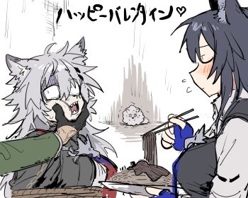 1boy 2girls animal_ears arknights black_gloves black_hair black_jacket black_vest blue_necktie blush breasts cheek_squash chocolate-covered_food chocolate_on_spaghetti chopsticks closed_eyes constricted_pupils creature facing_another famiglia_cleaner feeding flying_sweatdrops food force-feeding gloves grabbing_another's_chin grey_hair hand_on_another's_chin happy_valentine highres holding holding_chopsticks holding_with_chopsticks horrified jacket lappland_(arknights) lappland_the_decadenza_(arknights) large_breasts long_hair long_sleeves looking_at_another multiple_girls mutomorokoshi necktie nervous_sweating open_mouth out_of_frame pale_skin pasta sharp_teeth shirt simple_background spaghetti sweat tearing_up teeth texas_(arknights) texas_the_omertosa_(arknights) turn_pale vest white_background white_shirt wide-eyed wolf_ears wolf_girl yuri