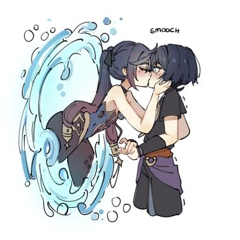 1boy 1girl armor bare_shoulders black_bow black_choker black_eyes black_hair black_shirt black_shorts blue_leotard blush bodystocking bow choker closed_eyes constricted_pupils couple curled_fingers english_text face-to-face genshin_impact gold gold_trim gradient_hair hair_bow hands_on_another&#039;s_face hetero highleg highleg_leotard japanese_armor kiss kote kurokote leotard long_hair mona_(genshin_impact) multicolored_hair o-ring pantyhose parted_bangs ponytail_holder portal_(object) purple_sash red_sash sash scaramouche_(genshin_impact) shirt shorts single_hair_intake sparkle_print star_(symbol) star_print surprised t-shirt trembling twintails water white_background ysnden