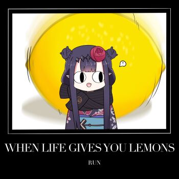 &lt;|&gt;_&lt;|&gt; 1girl :d ? black_hair black_kimono black_scarf commentary double_bun english_text fang flower fong_(fongthe0125) food fruit hair_bun hair_flower hair_ornament hashtag-only_commentary highres hololive hololive_english japanese_clothes kimono lemon long_hair meme motion_blur motion_lines motivator_(meme) ninomae_ina&#039;nis ninomae_ina&#039;nis_(new_year) obi open_mouth pointy_ears red_flower red_rose rose sash scarf shadow smile solo speed_lines spoken_question_mark symbol-only_commentary upper_body virtual_youtuber