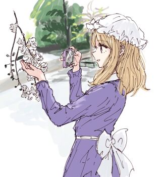 1girl back_bow blonde_hair bow branch cellphone commentary_request cowboy_shot dress from_side hat highres holding holding_phone kashiwada_kiiho long_sleeves looking_at_flowers maribel_hearn medium_hair mob_cap open_mouth phone profile purple_dress purple_eyes ribbon sideways_mouth smartphone solo taking_picture touhou waist_ribbon white_background white_bow white_hat white_ribbon