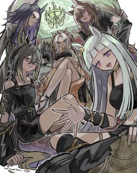 6+girls absurdres ahoge animal_ears arm_warmers bare_shoulders black_dress black_hair black_shirt black_shorts blue_eyes blunt_bangs blush breasts brown_eyes brown_hair chandelier closed_mouth commentary_request crossed_legs cup dream_journey_(umamusume) dress ear_covers fenomeno_(umamusume) flipped_hair glasses gold_ship_(umamusume) grey_hair hair_between_eyes highres holding holding_teapot horse_ears horse_girl horse_tail kumo_(mokumoku_warabi) leg_warmers long_hair long_sleeves medium_breasts multicolored_hair multiple_girls nakayama_festa_(umamusume) official_alternate_costume on_throne open_mouth orange_hair orfevre_(umamusume) pouring purple_eyes purple_hair shirt short_sleeves shorts single_ear_cover sitting sleeveless sleeveless_dress sleeveless_shirt small_breasts smile stay_gold_(umamusume) stay_gold_clan_(umamusume) streaked_hair tail tea teacup teapot throne two-tone_hair umamusume white_hair yellow_shirt