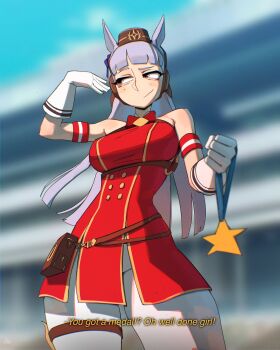 1girl animal_ears commentary english_commentary gloves gold_ship_(red_strife)_(umamusume) gold_ship_(umamusume) highres long_hair medal pantyhose shibansfw solo star_(symbol) umamusume white_gloves white_hair